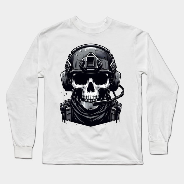 Tactical Skull Dominance Tee: Where Strength Meets Edgy Elegance Long Sleeve T-Shirt by Rawlifegraphic